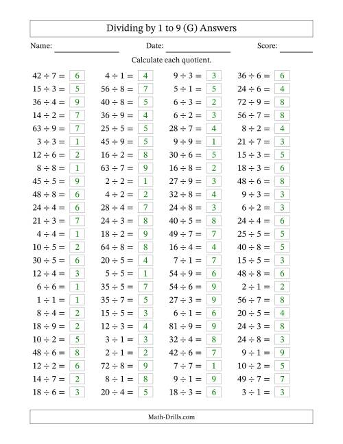 The Horizontally Arranged Division Facts with Divisors 1 to 9 and Dividends to 81 (100 Questions) (G) Math Worksheet Page 2