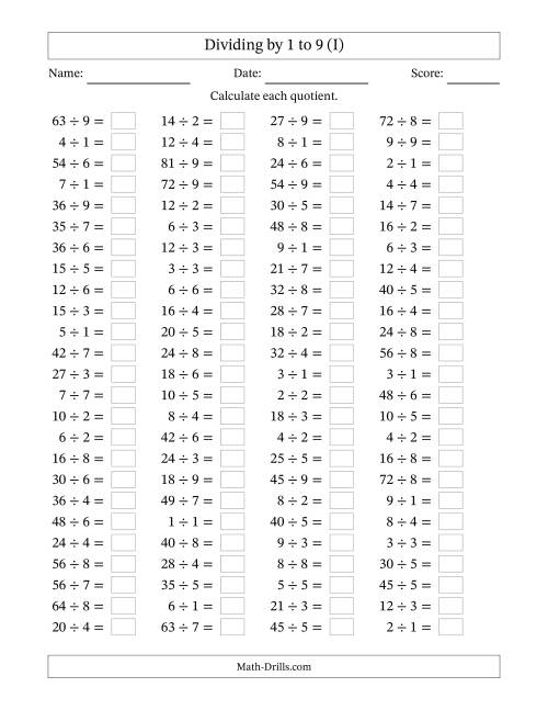 The Horizontally Arranged Division Facts with Divisors 1 to 9 and Dividends to 81 (100 Questions) (I) Math Worksheet