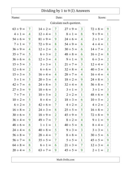 The Horizontally Arranged Division Facts with Divisors 1 to 9 and Dividends to 81 (100 Questions) (I) Math Worksheet Page 2