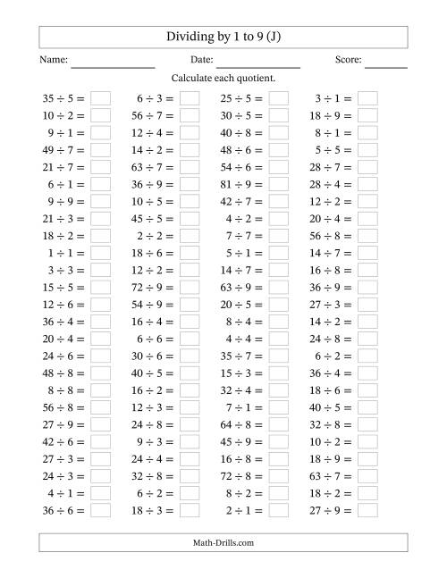 The Horizontally Arranged Division Facts with Divisors 1 to 9 and Dividends to 81 (100 Questions) (J) Math Worksheet