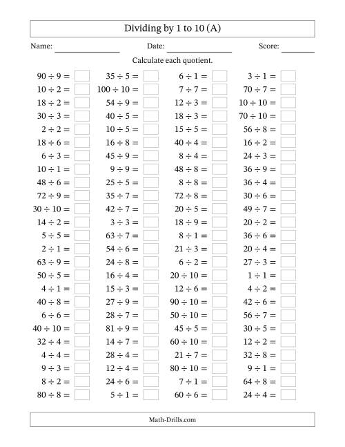 The Horizontally Arranged Division Facts with Divisors 1 to 10 and Dividends to 100 (100 Questions) (A) Math Worksheet