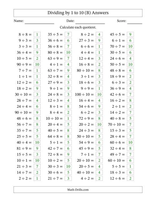 The Horizontally Arranged Division Facts with Divisors 1 to 10 and Dividends to 100 (100 Questions) (B) Math Worksheet Page 2