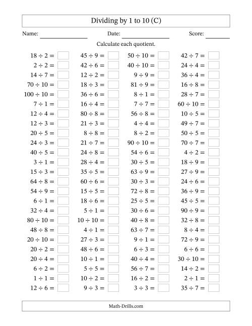 The Horizontally Arranged Division Facts with Divisors 1 to 10 and Dividends to 100 (100 Questions) (C) Math Worksheet