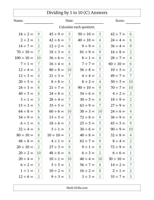 The Horizontally Arranged Division Facts with Divisors 1 to 10 and Dividends to 100 (100 Questions) (C) Math Worksheet Page 2