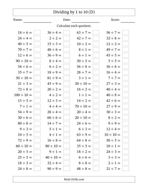 The Division Facts to 100 No Zeros (D) Math Worksheet