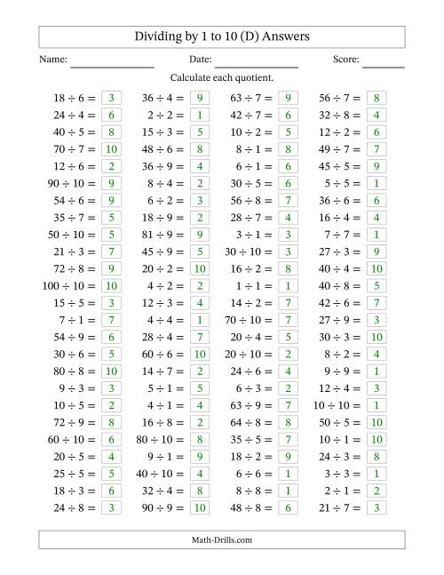 The Horizontally Arranged Division Facts with Divisors 1 to 10 and Dividends to 100 (100 Questions) (D) Math Worksheet Page 2