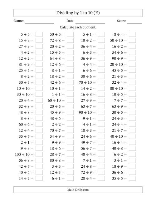 The Horizontally Arranged Division Facts with Divisors 1 to 10 and Dividends to 100 (100 Questions) (E) Math Worksheet
