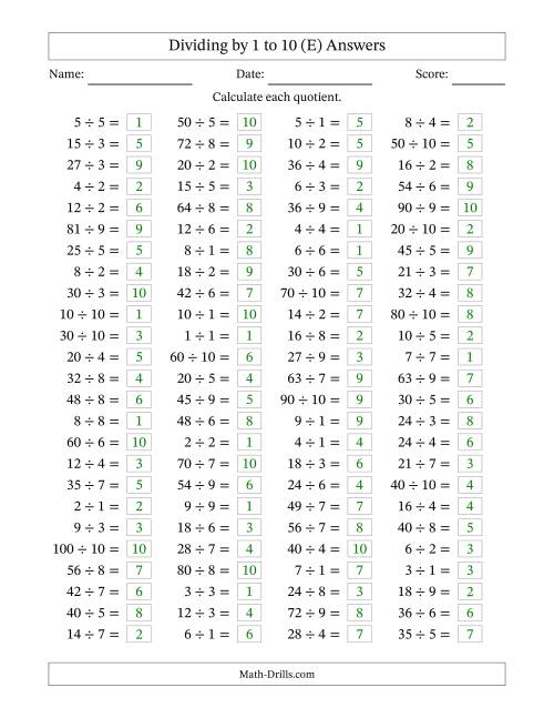 The Horizontally Arranged Division Facts with Divisors 1 to 10 and Dividends to 100 (100 Questions) (E) Math Worksheet Page 2