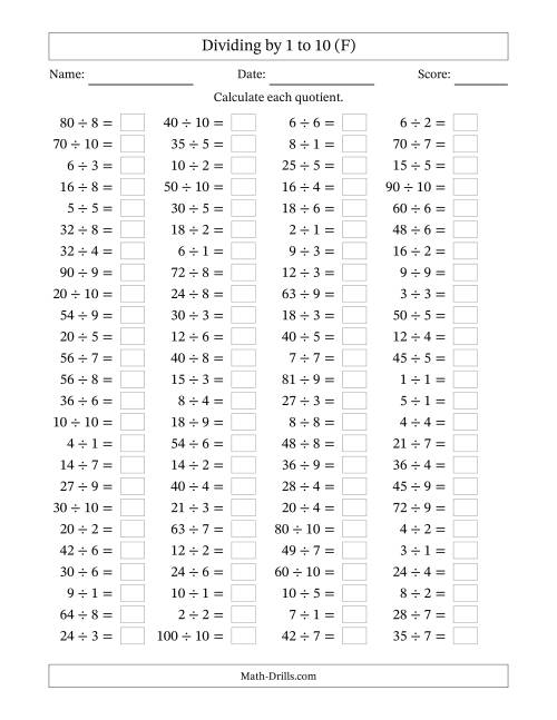 The Horizontally Arranged Division Facts with Divisors 1 to 10 and Dividends to 100 (100 Questions) (F) Math Worksheet