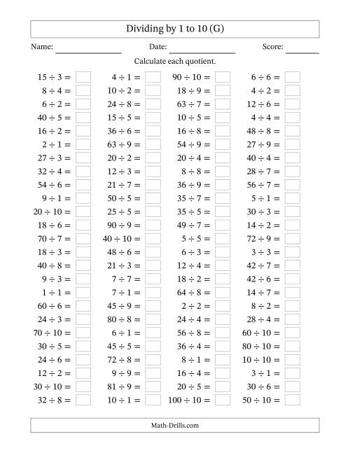 The Horizontally Arranged Division Facts with Divisors 1 to 10 and Dividends to 100 (100 Questions) (G) Math Worksheet
