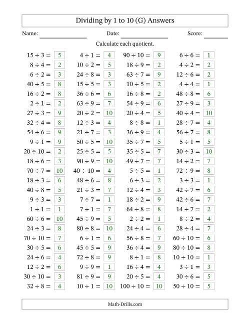 The Horizontally Arranged Division Facts with Divisors 1 to 10 and Dividends to 100 (100 Questions) (G) Math Worksheet Page 2