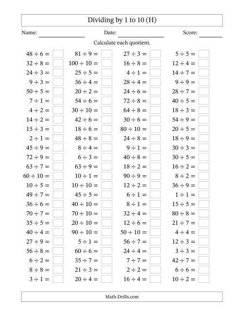 The Horizontally Arranged Division Facts with Divisors 1 to 10 and Dividends to 100 (100 Questions) (H) Math Worksheet