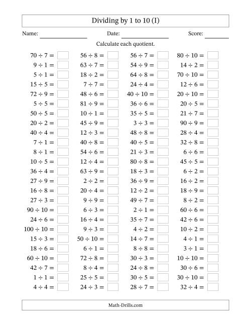 The Horizontally Arranged Division Facts with Divisors 1 to 10 and Dividends to 100 (100 Questions) (I) Math Worksheet