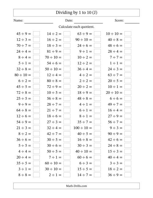 The Horizontally Arranged Division Facts with Divisors 1 to 10 and Dividends to 100 (100 Questions) (J) Math Worksheet