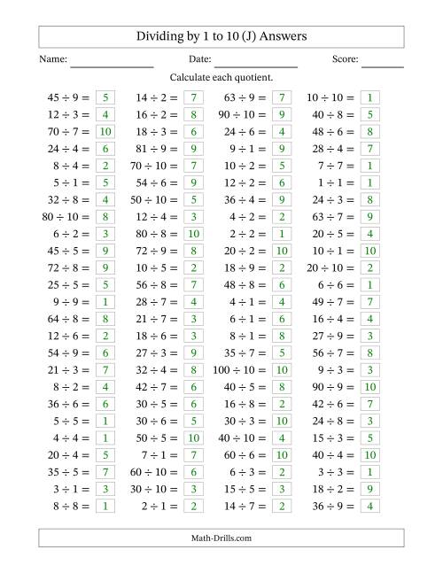 The Horizontally Arranged Division Facts with Divisors 1 to 10 and Dividends to 100 (100 Questions) (J) Math Worksheet Page 2