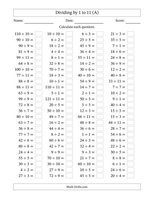 The Horizontally Arranged Division Facts with Divisors 1 to 11 and Dividends to 121 (100 Questions) (A) Math Worksheet
