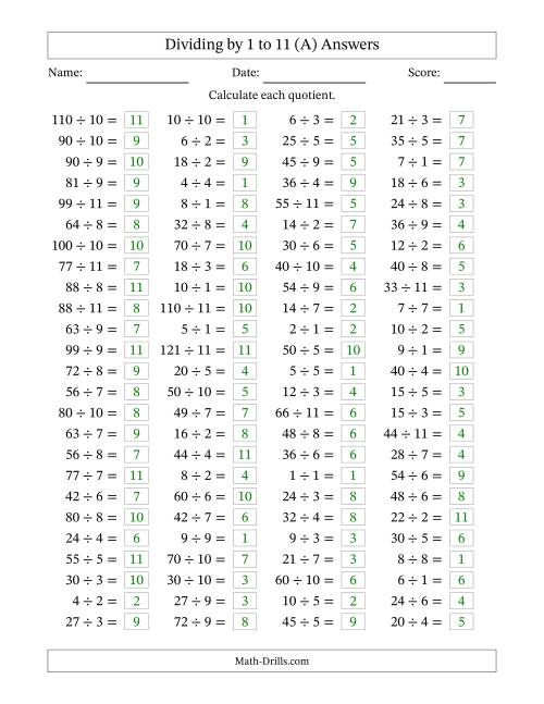 The Division Facts to 121 No Zeros (A) Math Worksheet Page 2