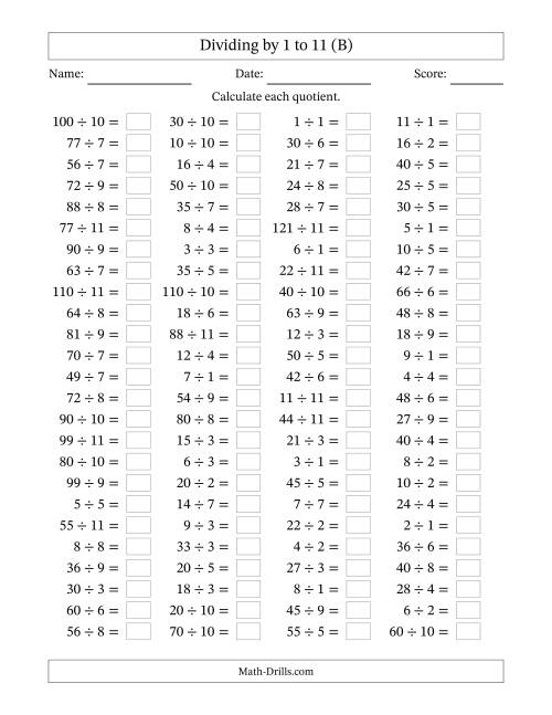 The Horizontally Arranged Division Facts with Divisors 1 to 11 and Dividends to 121 (100 Questions) (B) Math Worksheet