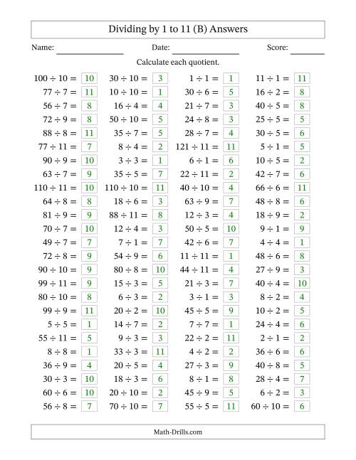 The Horizontally Arranged Division Facts with Divisors 1 to 11 and Dividends to 121 (100 Questions) (B) Math Worksheet Page 2