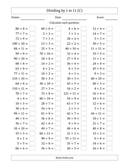 The Division Facts to 121 No Zeros (C) Math Worksheet
