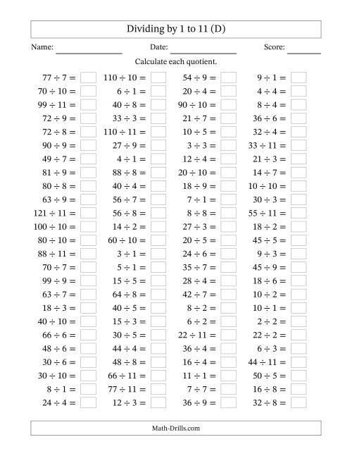 The Horizontally Arranged Division Facts with Divisors 1 to 11 and Dividends to 121 (100 Questions) (D) Math Worksheet
