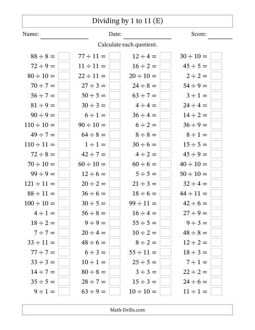The Horizontally Arranged Division Facts with Divisors 1 to 11 and Dividends to 121 (100 Questions) (E) Math Worksheet