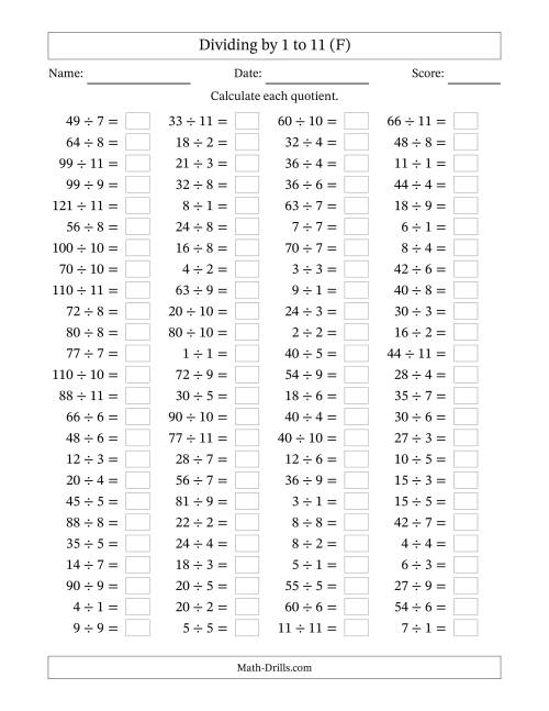The Division Facts to 121 No Zeros (F) Math Worksheet