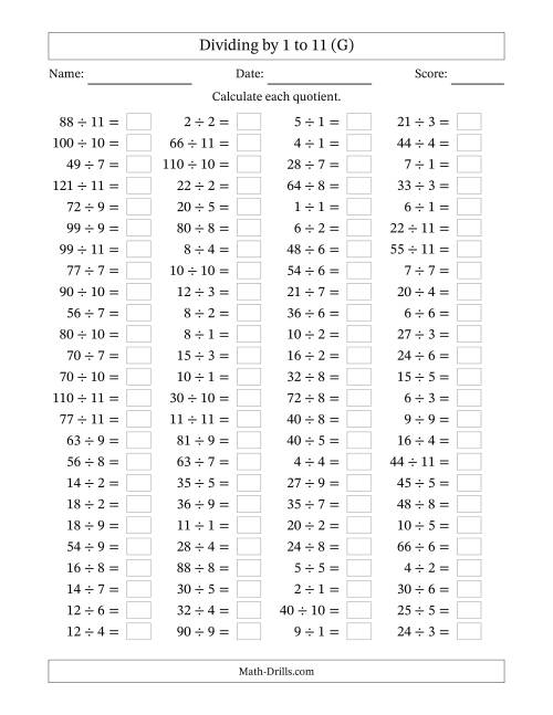 The Horizontally Arranged Division Facts with Divisors 1 to 11 and Dividends to 121 (100 Questions) (G) Math Worksheet