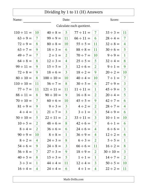 The Horizontally Arranged Division Facts with Divisors 1 to 11 and Dividends to 121 (100 Questions) (H) Math Worksheet Page 2