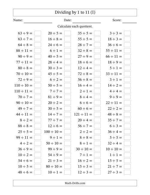 The Horizontally Arranged Division Facts with Divisors 1 to 11 and Dividends to 121 (100 Questions) (I) Math Worksheet