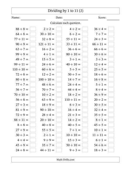 The Horizontally Arranged Division Facts with Divisors 1 to 11 and Dividends to 121 (100 Questions) (J) Math Worksheet