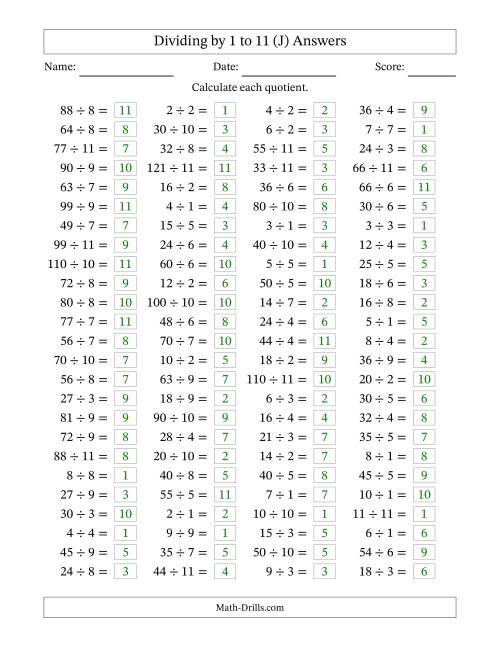 The Horizontally Arranged Division Facts with Divisors 1 to 11 and Dividends to 121 (100 Questions) (J) Math Worksheet Page 2