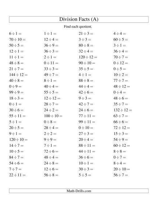 The Division Facts to 144 with Zeros (A) Math Worksheet