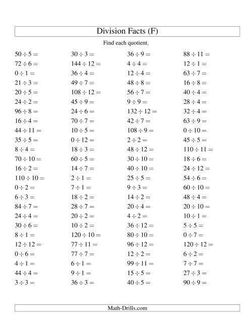 The Division Facts to 144 with Zeros (F) Math Worksheet