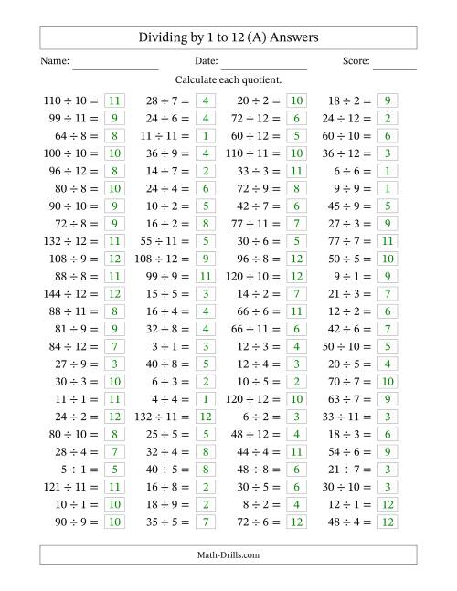 The Horizontally Arranged Division Facts with Divisors 1 to 12 and Dividends to 144 (100 Questions) (A) Math Worksheet Page 2
