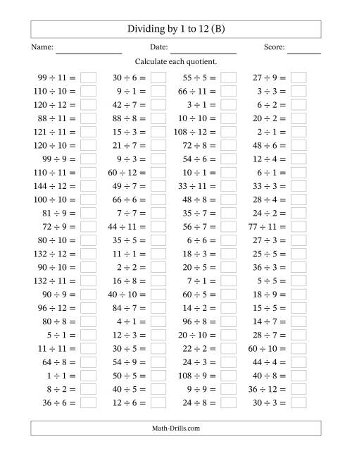 The Horizontally Arranged Division Facts with Divisors 1 to 12 and Dividends to 144 (100 Questions) (B) Math Worksheet