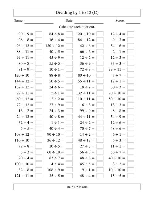 The Horizontally Arranged Division Facts with Divisors 1 to 12 and Dividends to 144 (100 Questions) (C) Math Worksheet