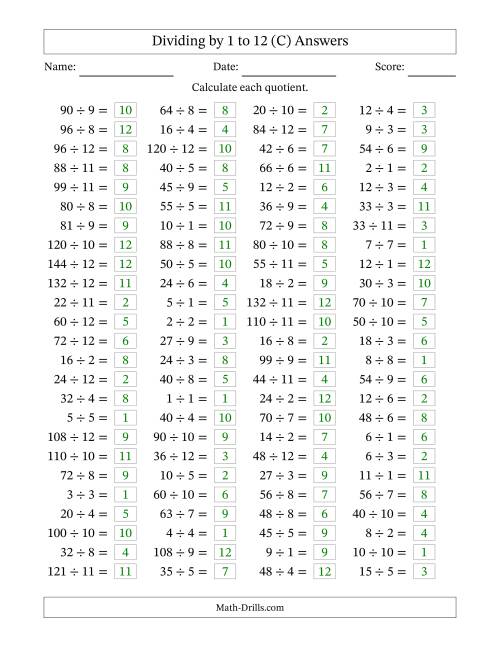 The Horizontally Arranged Division Facts with Divisors 1 to 12 and Dividends to 144 (100 Questions) (C) Math Worksheet Page 2