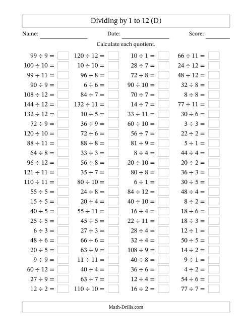 The Horizontally Arranged Division Facts with Divisors 1 to 12 and Dividends to 144 (100 Questions) (D) Math Worksheet