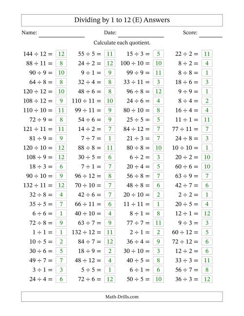 The Horizontally Arranged Division Facts with Divisors 1 to 12 and Dividends to 144 (100 Questions) (E) Math Worksheet Page 2