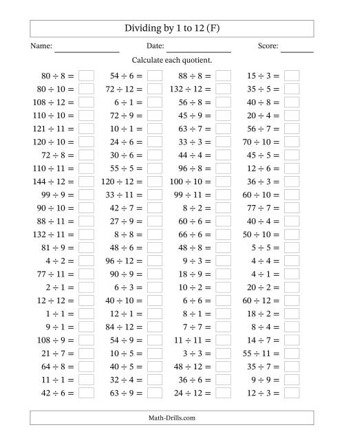 The Horizontally Arranged Division Facts with Divisors 1 to 12 and Dividends to 144 (100 Questions) (F) Math Worksheet