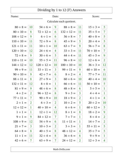 The Horizontally Arranged Division Facts with Divisors 1 to 12 and Dividends to 144 (100 Questions) (F) Math Worksheet Page 2