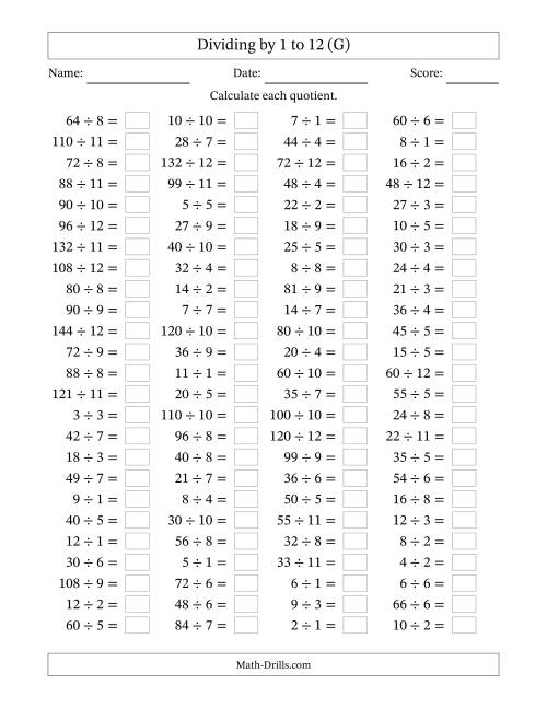 The Horizontally Arranged Division Facts with Divisors 1 to 12 and Dividends to 144 (100 Questions) (G) Math Worksheet