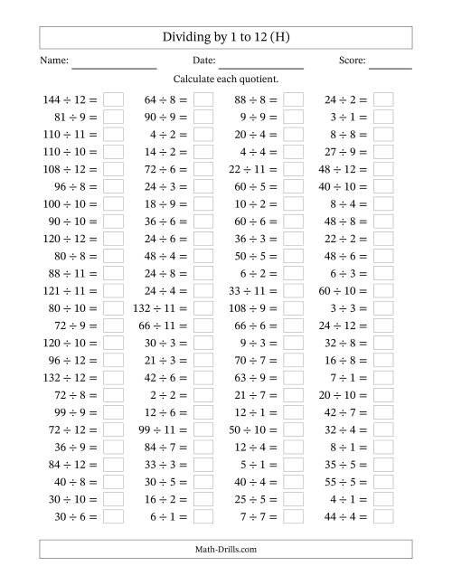 The Horizontally Arranged Division Facts with Divisors 1 to 12 and Dividends to 144 (100 Questions) (H) Math Worksheet