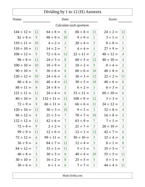 The Horizontally Arranged Division Facts with Divisors 1 to 12 and Dividends to 144 (100 Questions) (H) Math Worksheet Page 2