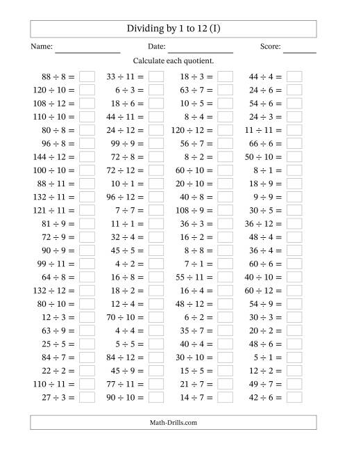 The Horizontally Arranged Division Facts with Divisors 1 to 12 and Dividends to 144 (100 Questions) (I) Math Worksheet
