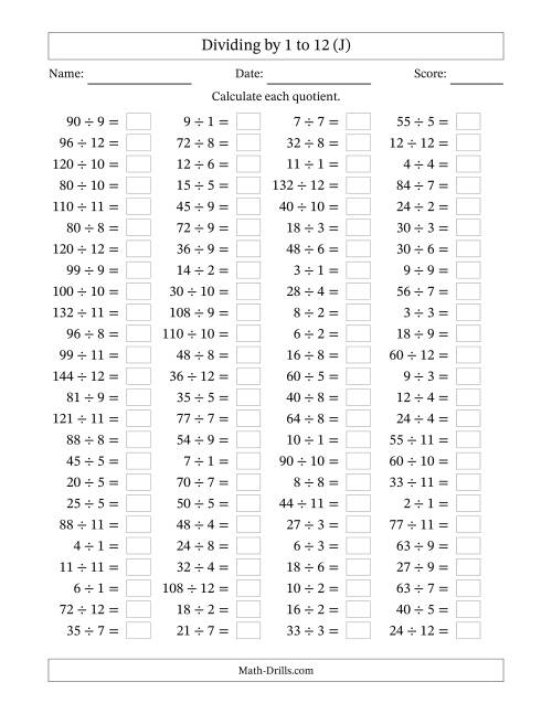 The Horizontally Arranged Division Facts with Divisors 1 to 12 and Dividends to 144 (100 Questions) (J) Math Worksheet