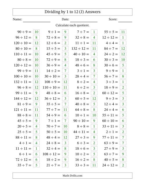 The Horizontally Arranged Division Facts with Divisors 1 to 12 and Dividends to 144 (100 Questions) (J) Math Worksheet Page 2