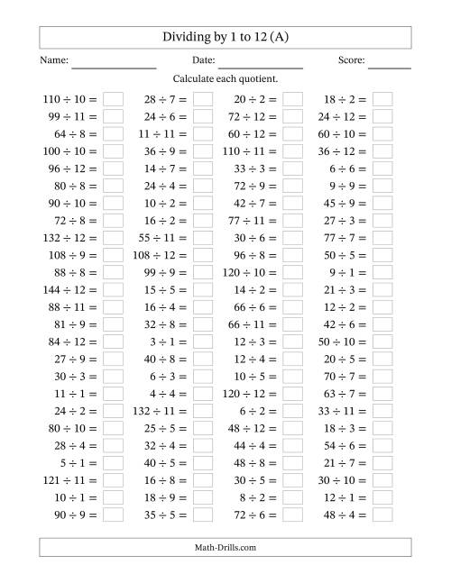 The Horizontally Arranged Division Facts with Divisors 1 to 12 and Dividends to 144 (100 Questions) (All) Math Worksheet