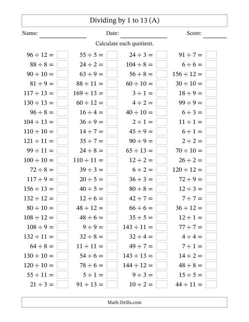 The Horizontally Arranged Division Facts with Divisors 1 to 13 and Dividends to 169 (100 Questions) (A) Math Worksheet
